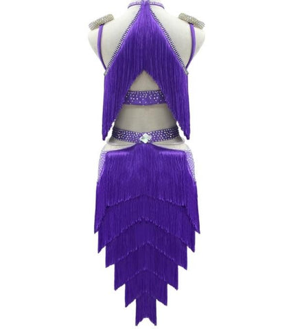 Violet tassels competition latin dance dresses for women girls gemstones bling salsa rumba chacha ballroom dance costumes for female