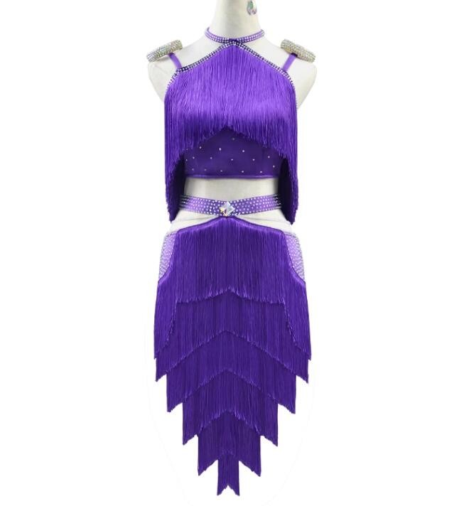 Violet tassels competition latin dance dresses for women girls gemstones bling salsa rumba chacha ballroom dance costumes for female - Moderndancedress.com