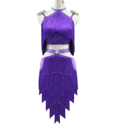 Violet tassels competition latin dance dresses for women girls gemstones bling salsa rumba chacha ballroom dance costumes for female - Moderndancedress.com