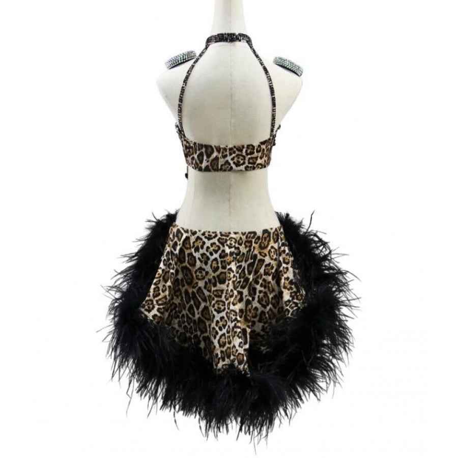 Customized Size Leopard Latin Dance Dresses with Black Feathers for Women and Girls - Moderndancedress.com