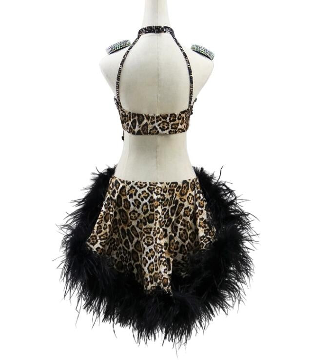 Customized size leopard with black feather competition latin dance dresses for women girls rumba salsa chacha ballroom dance wear for female - Moderndancedress.com
