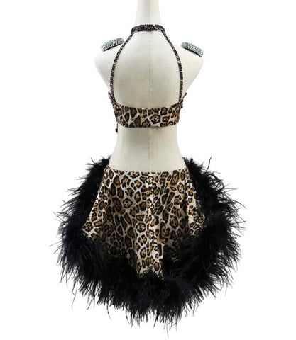 Customized size leopard with black feather competition latin dance dresses for women girls rumba salsa chacha ballroom dance wear for female - Moderndancedress.com