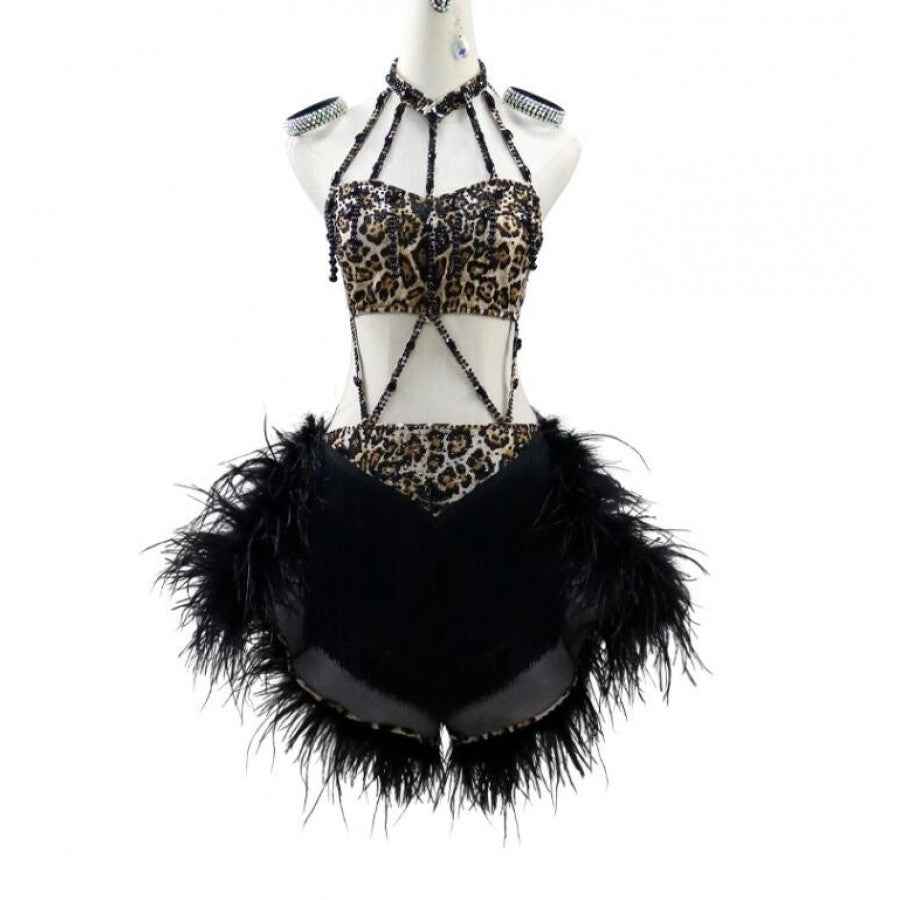 Customized Size Leopard Latin Dance Dresses with Black Feathers for Women and Girls - Moderndancedress.com