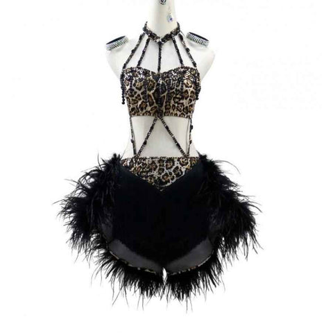 Customized Size Leopard Latin Dance Dresses with Black Feathers for Women and Girls - Moderndancedress.com