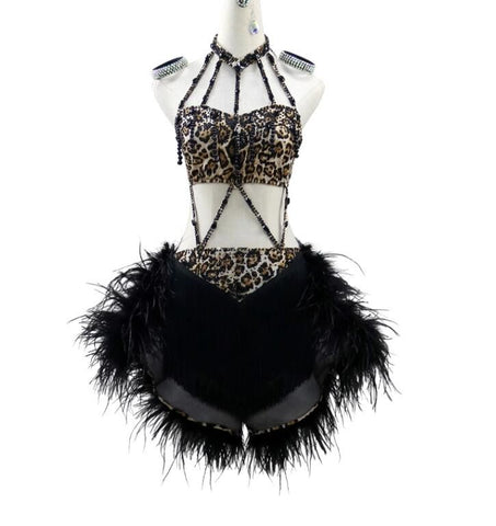 Customized size leopard with black feather competition latin dance dresses for women girls rumba salsa chacha ballroom dance wear for female - Moderndancedress.com