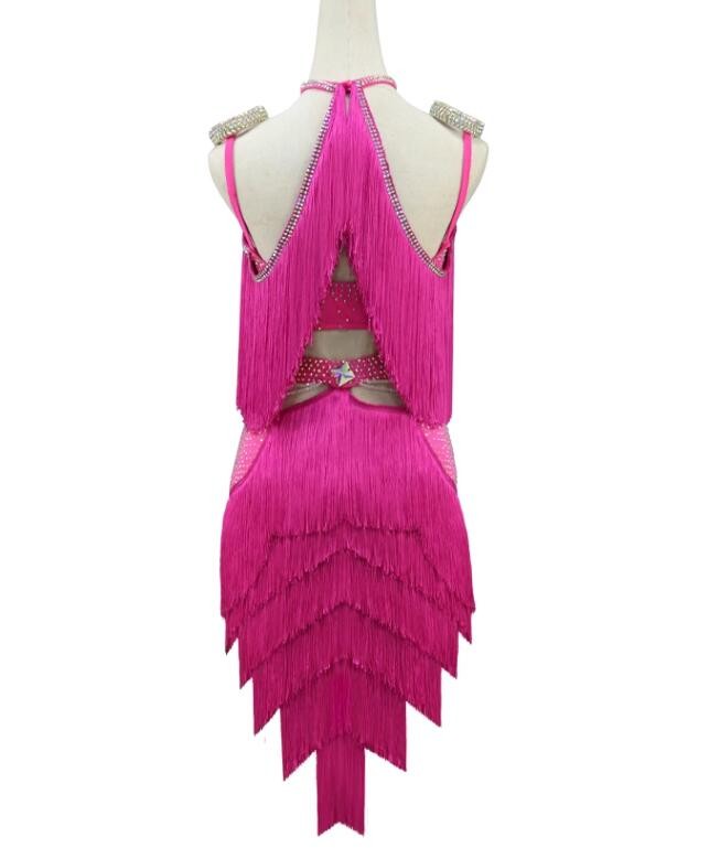 Women hot pink fringe competition latin dance dresses girls tassels salsa rumba chacha ballroom dance wear for female - Moderndancedress.com