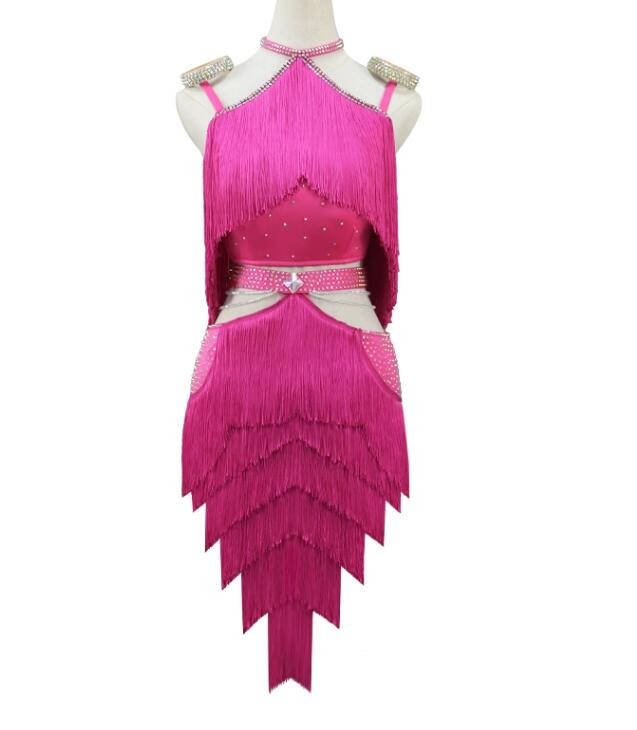 Women hot pink fringe competition latin dance dresses girls tassels salsa rumba chacha ballroom dance wear for female - Moderndancedress.com