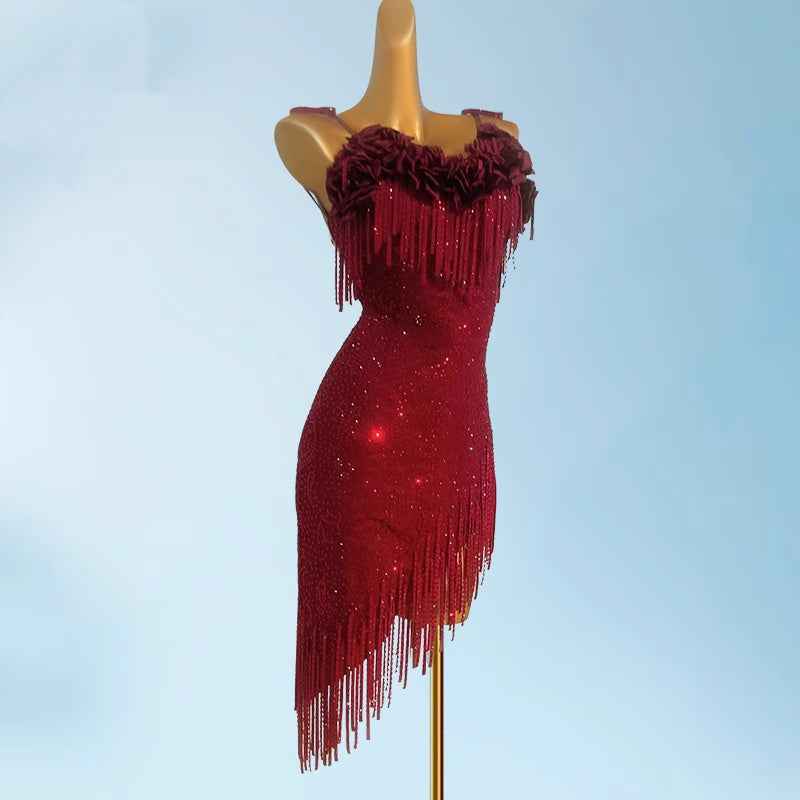 Custom Size Wine Rose Latin Dance Dresses for Women Girls Salsa Rumba Blackpool Competition Fringed Skirts