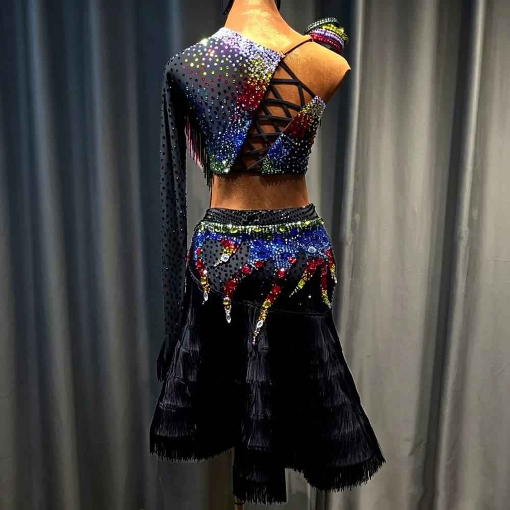 Custom Black Latin Dance Dress with Rainbow Fringe | One Shoulder Professional Ballroom Competition Outfit