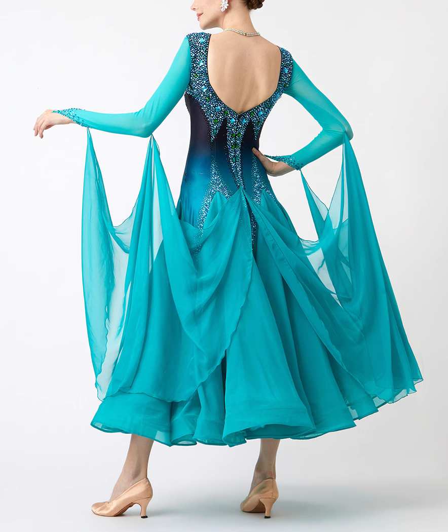 Custom Size Turquoise Blue Gradient Competition Ballroom Dance Dresses for Women Tango Waltz Dancing Gown - Moderndancedress.com