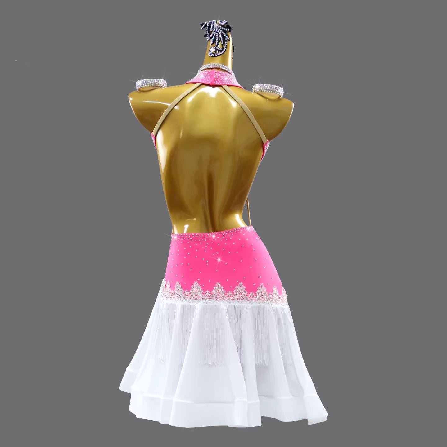 Custom Size Women's Fuchsia Latin Dance Dress Flowers Halter Neck Crystal Salsa Chacha Dance Costumes