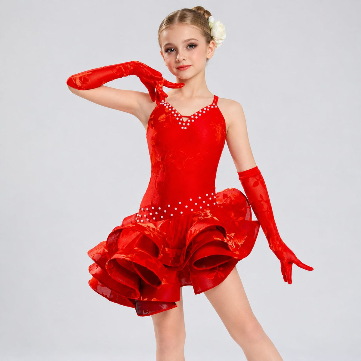 Professional Girls Red Black Flower Latin Dance Dress with Crystals & Matching Gloves