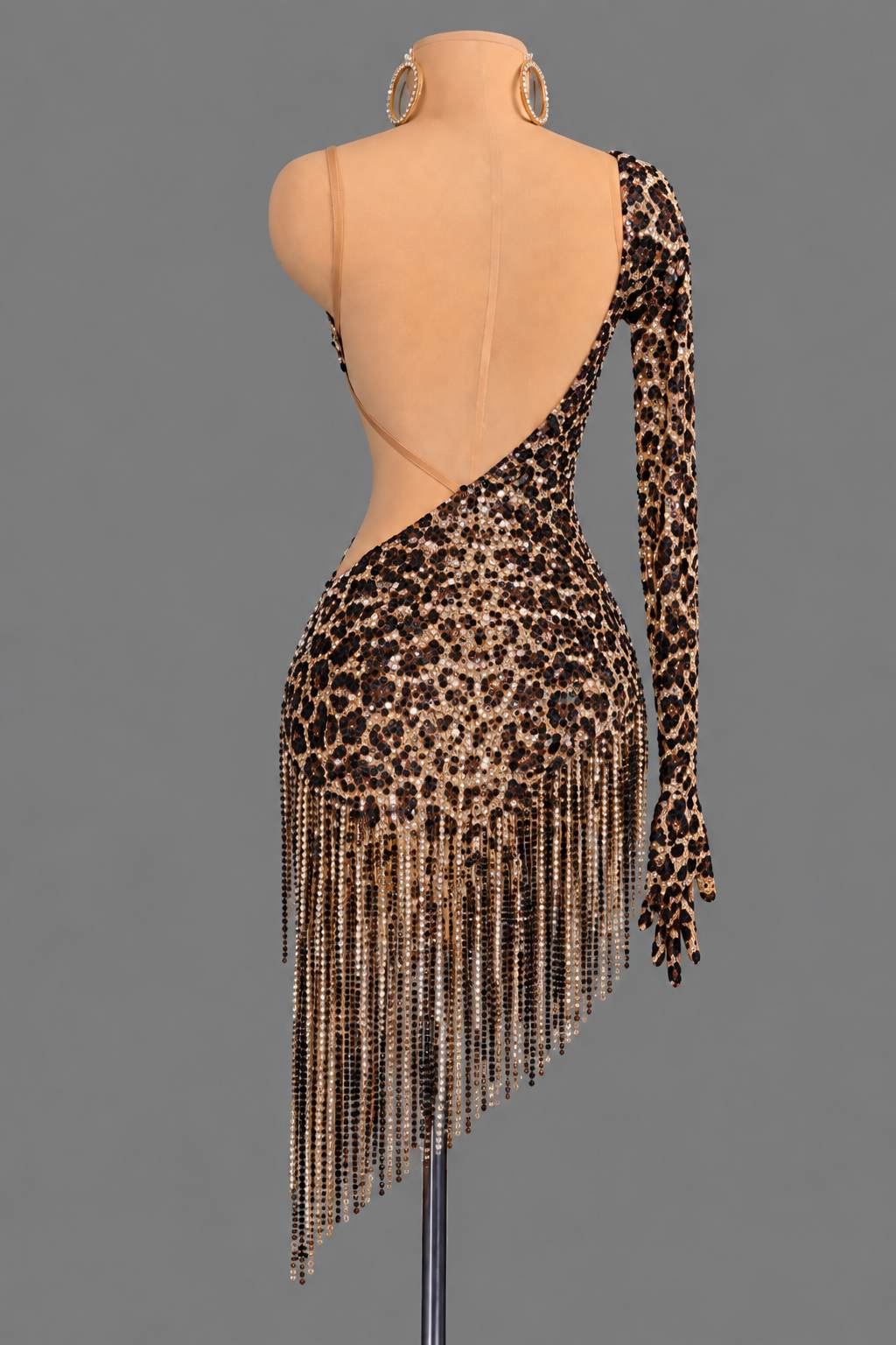 Custom Leopard Latin Dance Dress with Beaded Fringe & Crystals