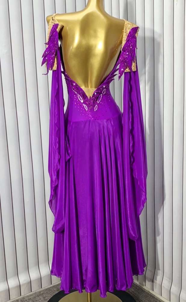 Custom Blue American Smooth Ballroom Dance Dress with Floating Sleeves | Crystal Gown