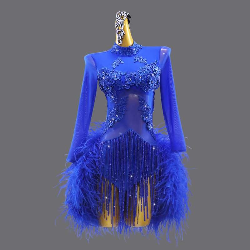 Custom Size Competition Latin Dance Dresses for Women Girls Feather Blue Black Salsa Rumba Chacha Dance Costumes