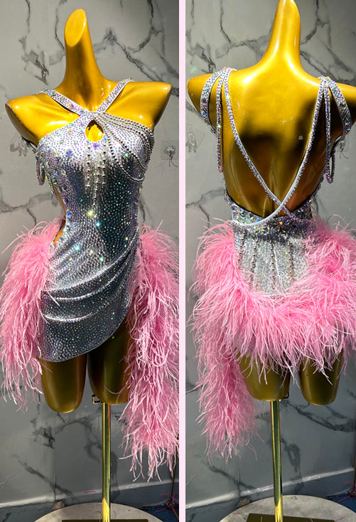 Custom Size Pink Feather Competition Latin Dance Dresses Rhinestones Salsa Rumba Chacha Samba Latin Dance Costumes