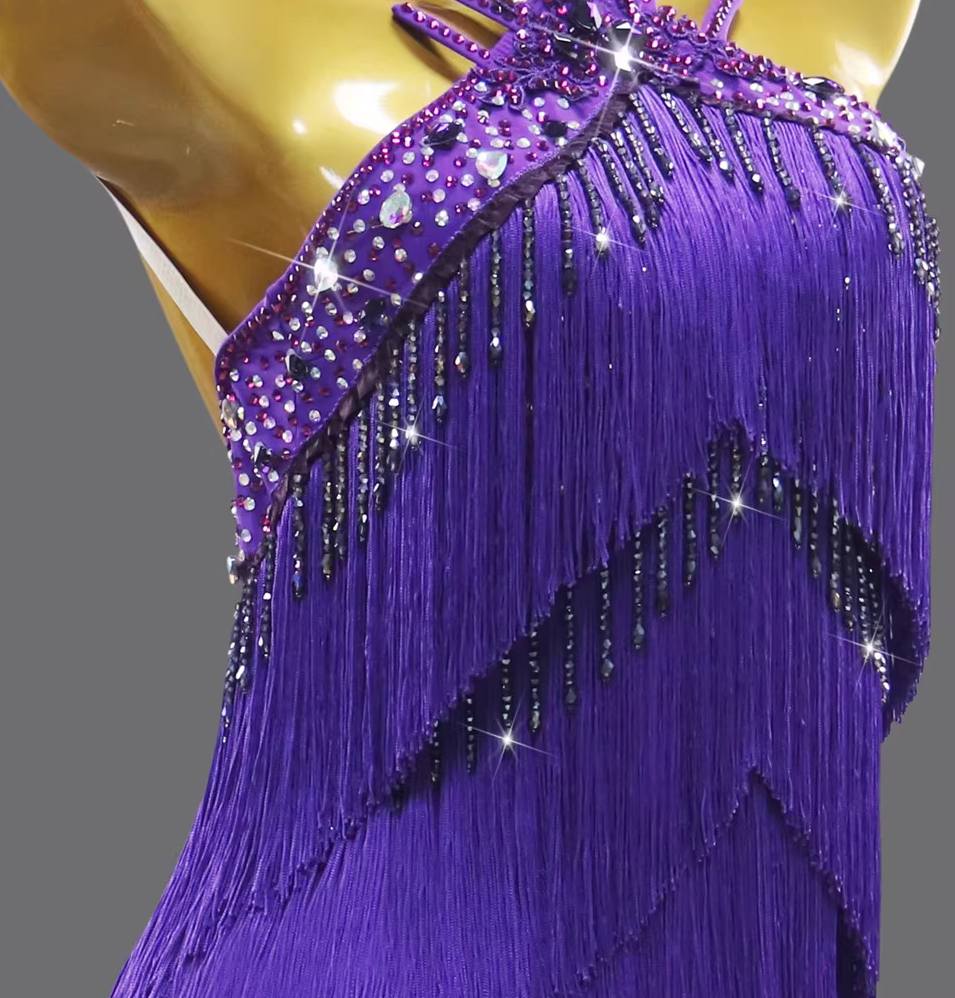 Purple Fringe Competition Latin Dance Dresses for Women Girls Halter Neck Salsa Latin Chacha Dance Costumes