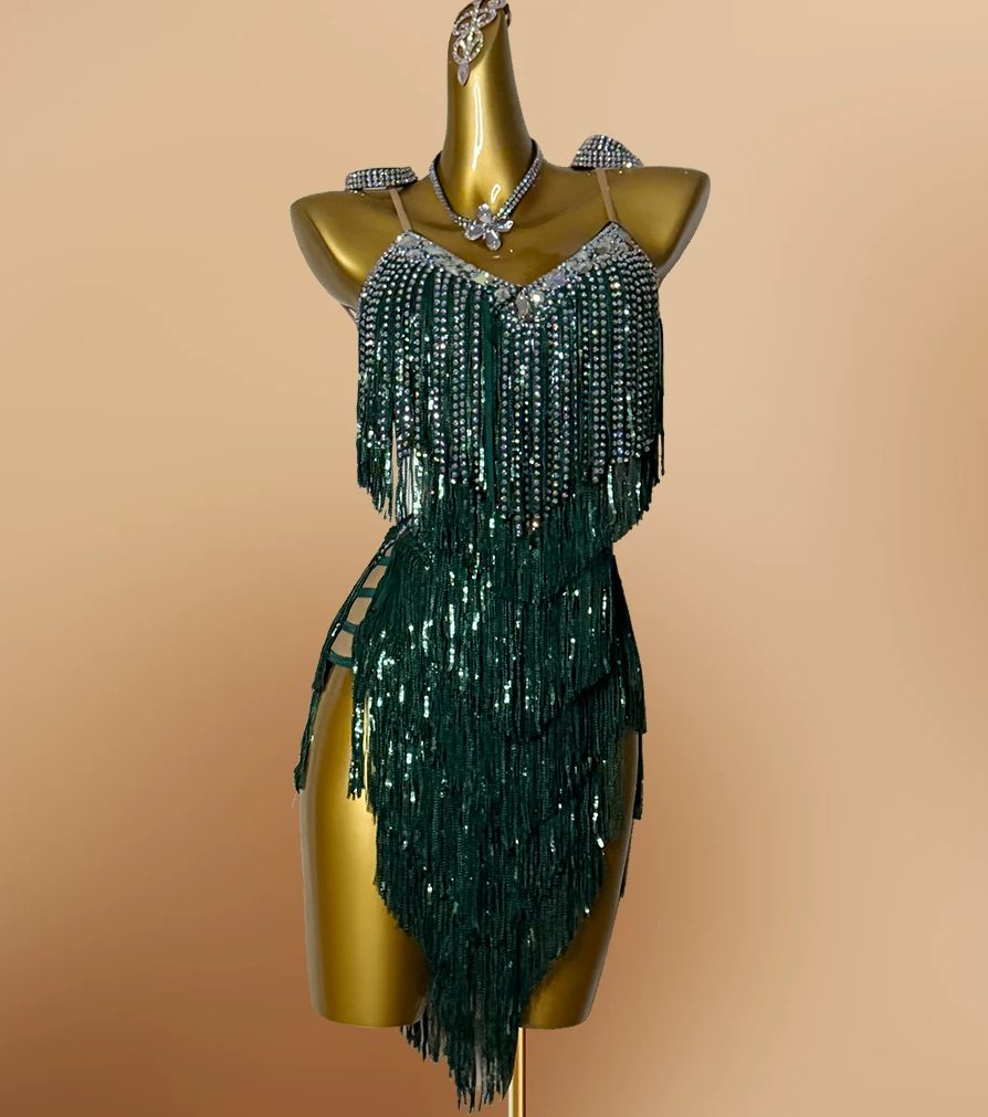 Custom Blue & Purple Sequin Latin Dance Dress Rhinestone Salsa Gown