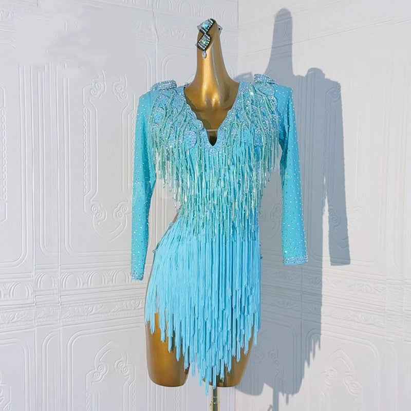 Custom Size Latin Dance Dresses Turquoise Bling Fringe Competition Blackpool Latin Salsa Competition Costumes