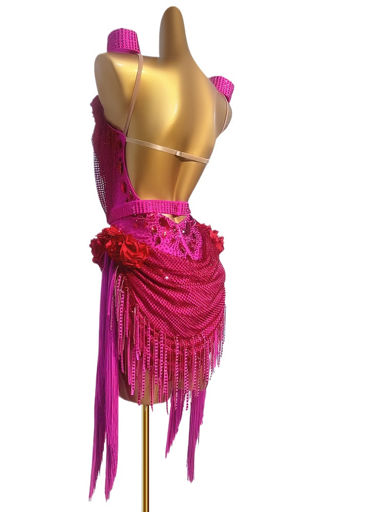 Custom Size Fuchsia Mesh Stones Competition Latin Dance Dresses for Women Blackpool Latin Dance Costumes - Moderndancedress.com