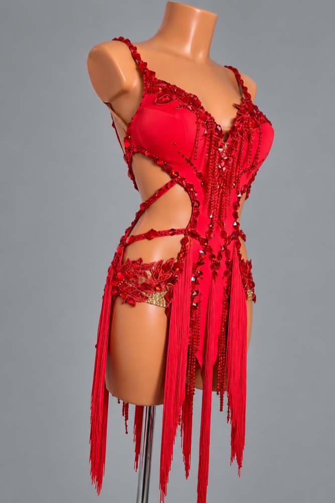 Custom Red Crystal Competition Latin Dress Cutout Salsa Samba Dancewear