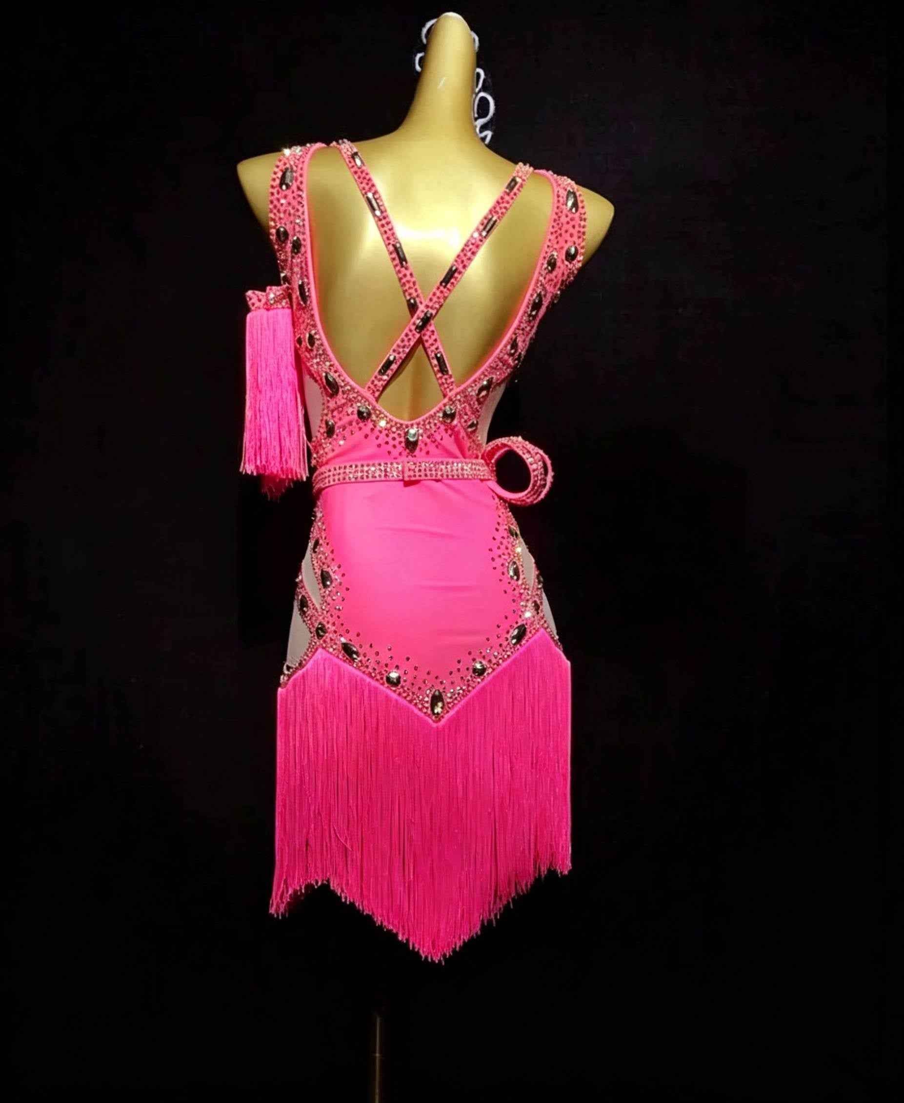 Custom Size Fuchsia Competition Latin Dance Dress Bling Fringe Salsa Chacha Blackpool Dance Costume for Girl