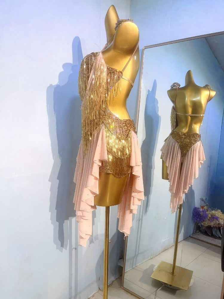 Custom Size Pink Competition Latin Dance Dresses Salsa Chacha Performance Latin Dance Costumes