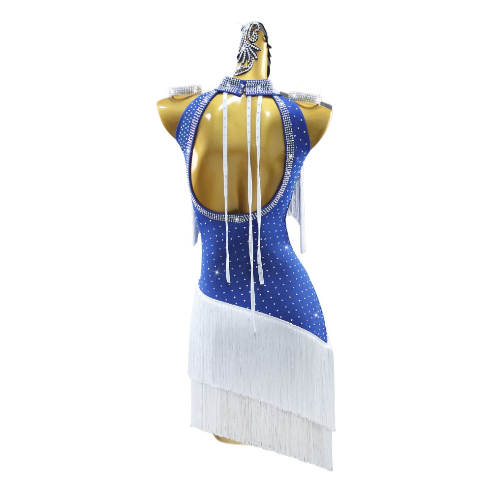Blue with White Fringe Diamond Competition Latin Dance Dresses for Women Girls Salsa Rumba Cha Cha Jive Professional Latin Performance Costumes - Moderndancedress.com