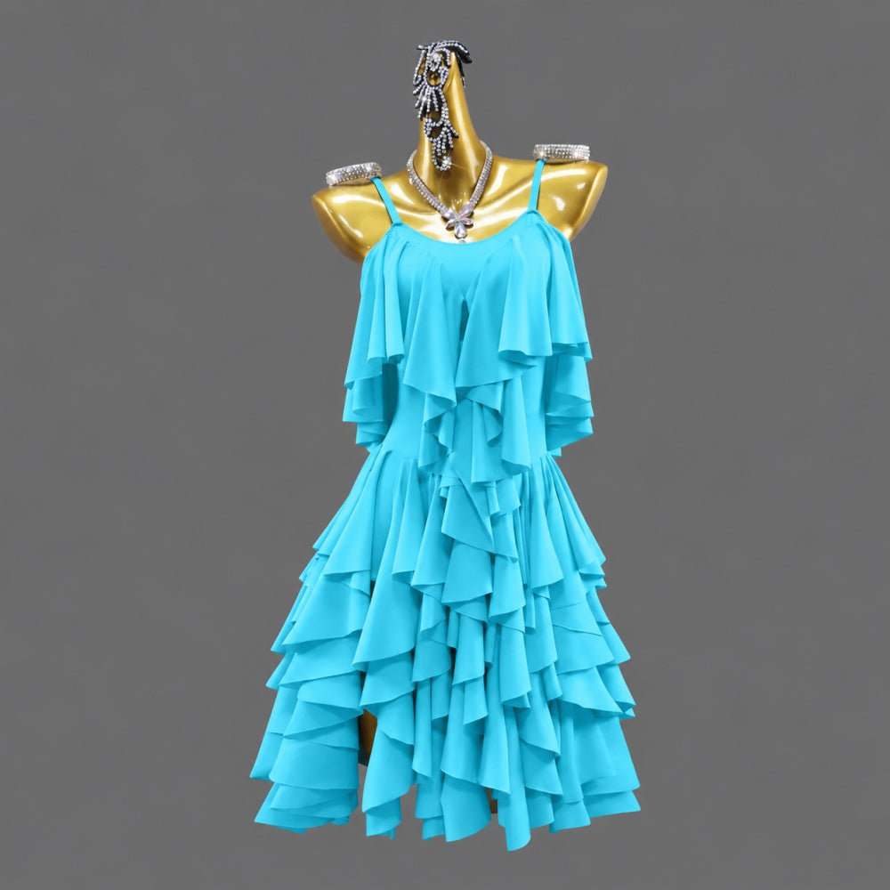 Custom Orange Latin Dance Competition Dress Tiered Ruffle Fringe Salsa Gown