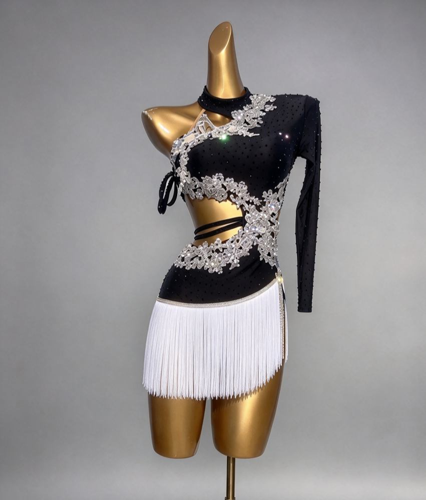Custom Black & White Competition Latin Dance Dress with Rhinestones & Fringe