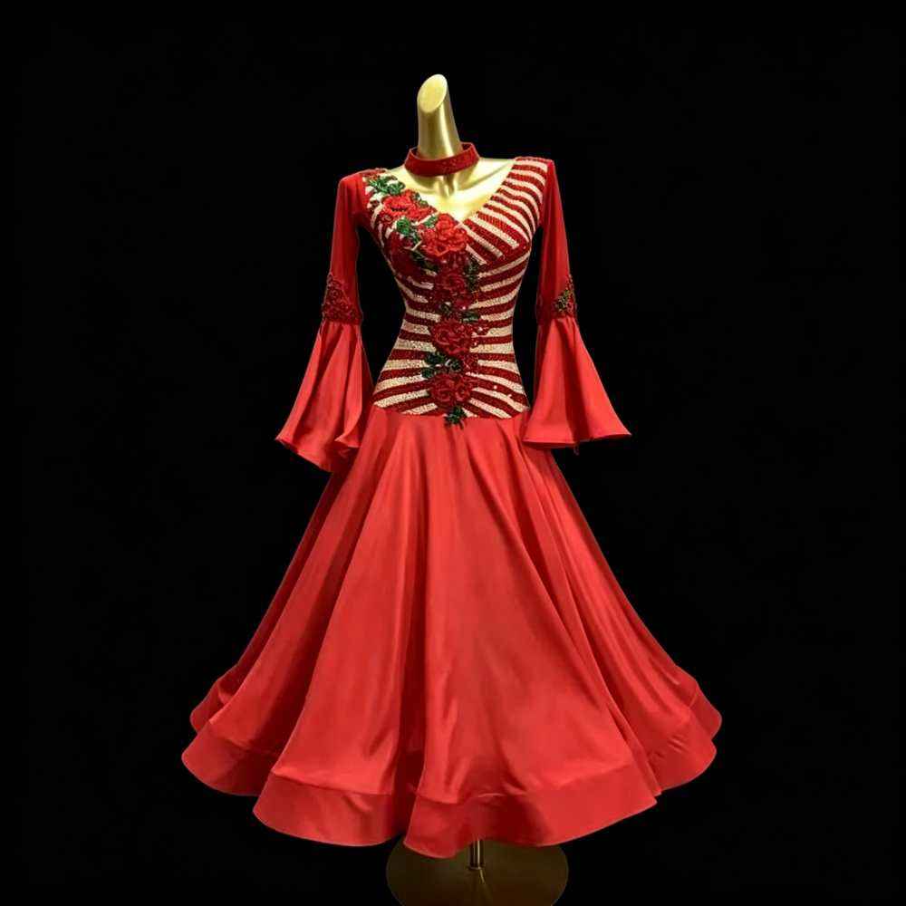 Custom Size Competition Red Rose Ballroom Dance Dress for Women Waltz Tango National Standard Gown