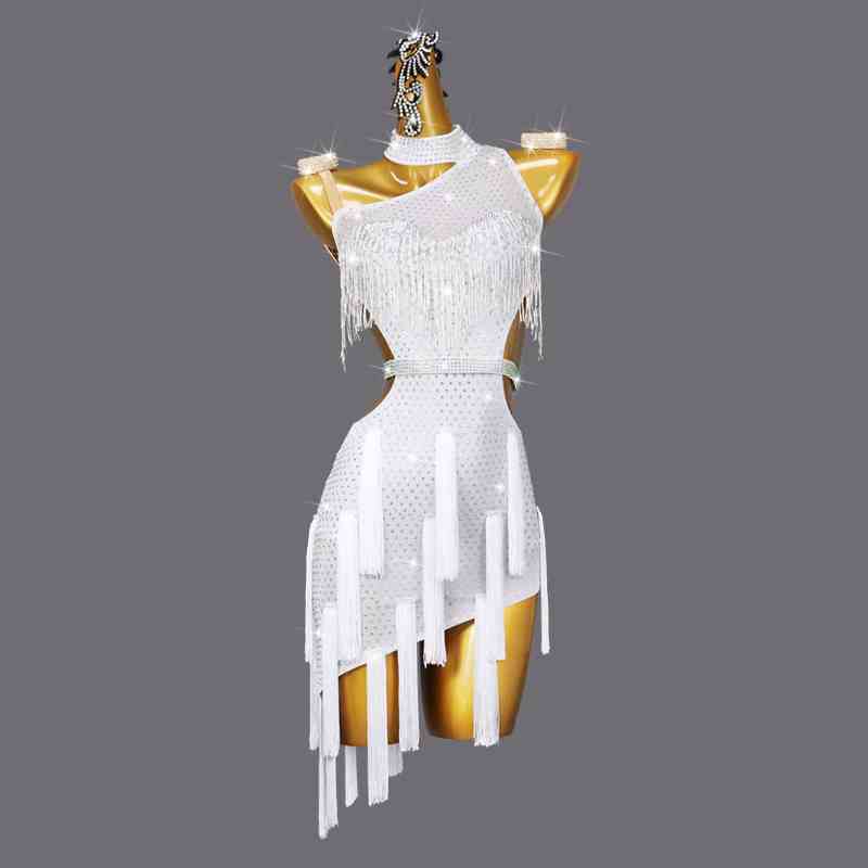 White Tassel Professional Latin Dance Dresses for Women Girls One Shoulder Gemstones Salsa Rumba Chacha Performance Clothing - Moderndancedress.com