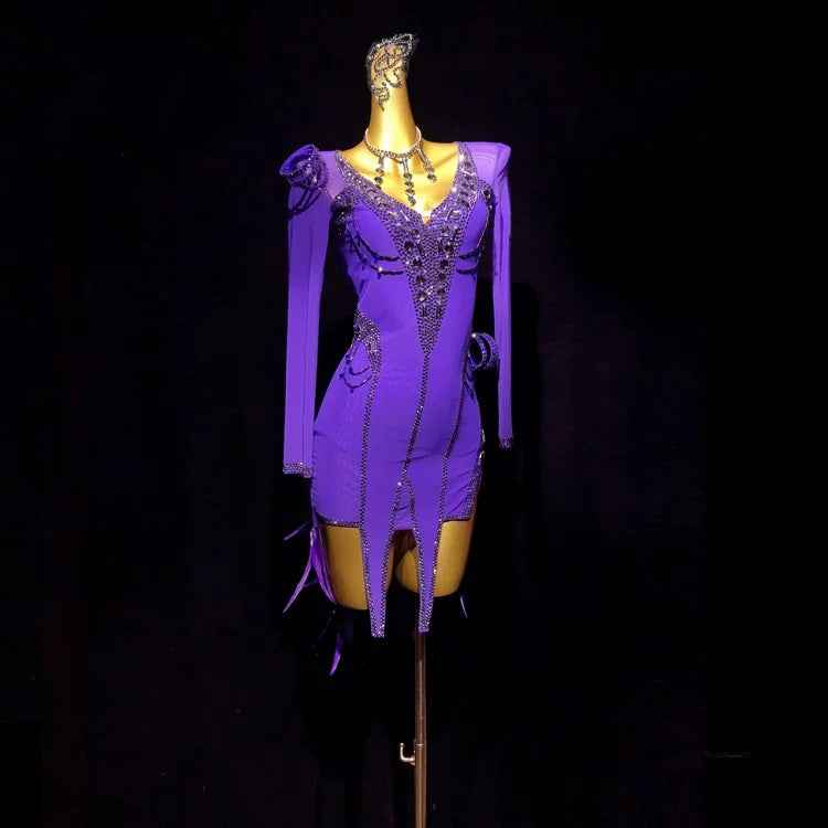 Custom Size Violet Feather Competition Latin Dance Dress Salsa Rumba Chacha Blackpool Dancing Wear