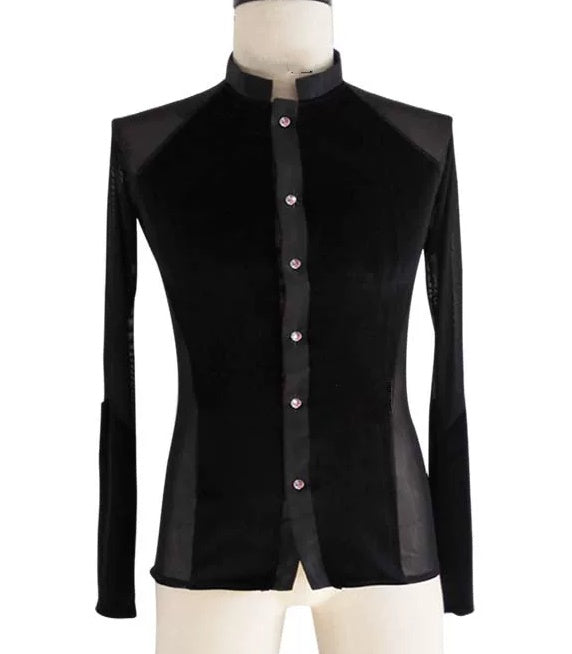 Men's Black Velvet & Mesh Latin Dance Shirt Professional Ballroom Competition Top