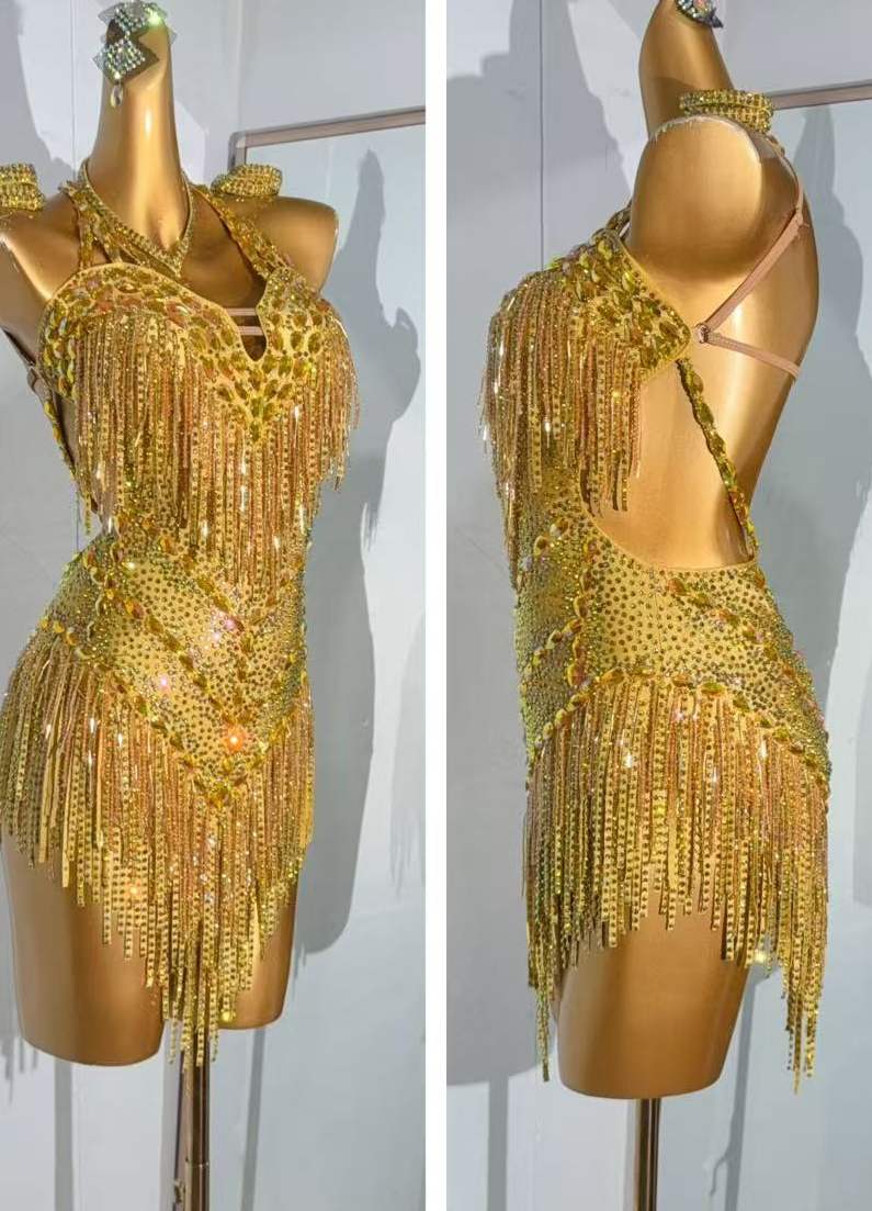 Custom Size Competition Latin Dance Dresses Gold Pink Rhinestones Blackpool Competition Latin Salsa Dance Costumes