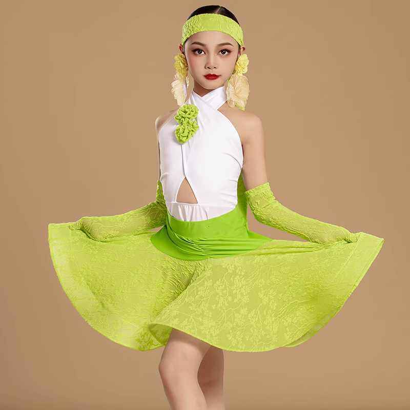 Girls Latin Dance Dresses Children Green Lace Ballroom Salsa Rumba Chacha Performance Costumes for Kids - Moderndancedress.com