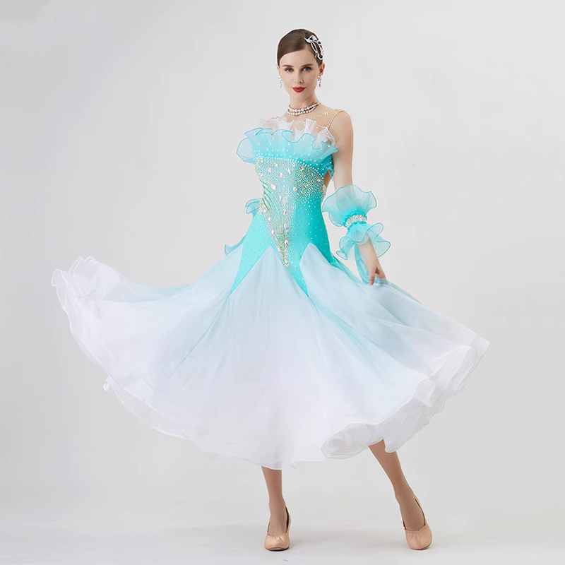 Custom Size Turquoise Competition Ballroom Dance Dresses for Women Waltz Tango Rhythm Dance Long Skirt - Moderndancedress.com
