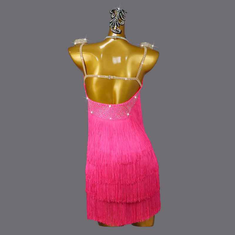 Rhinestones Hot Pink Latin Dance Fringed Dress for Women Girls Salsa Rumba Chacha Solo Dance Clothes