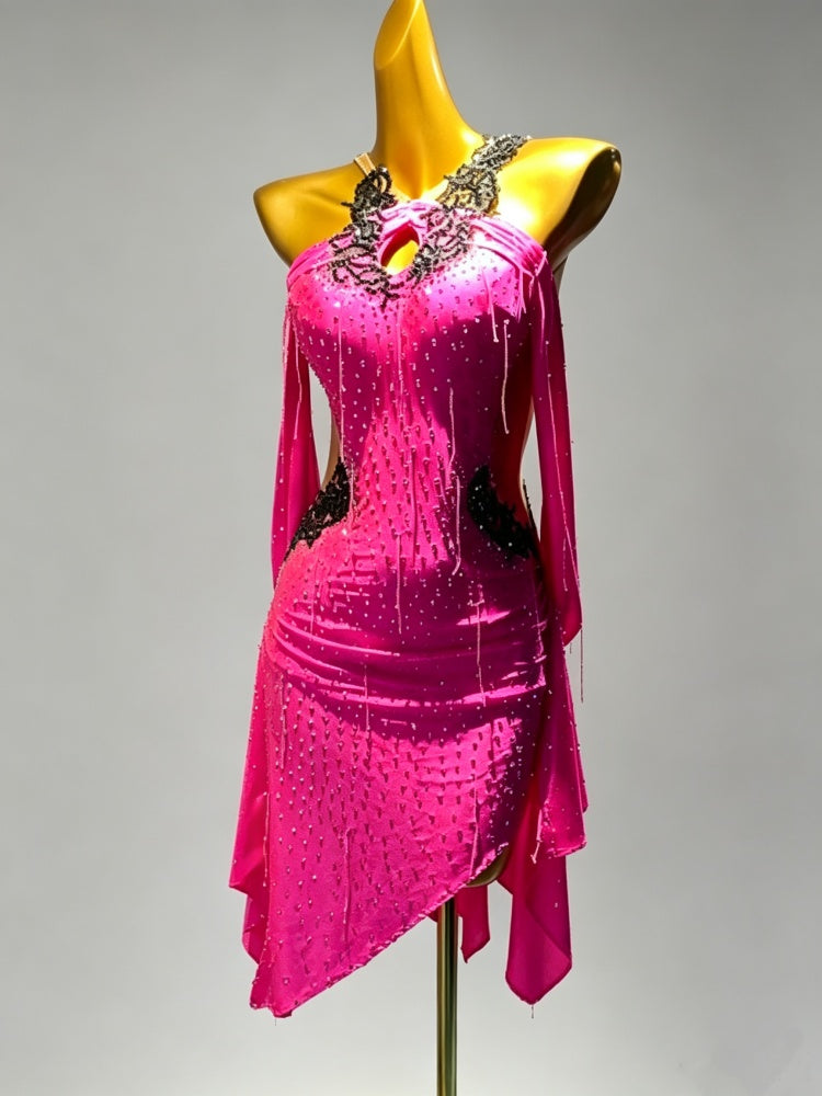 Custom Hot Pink Blue Latin Dance Dress - Black Lace Rhinestone Rhythm Competition Gown