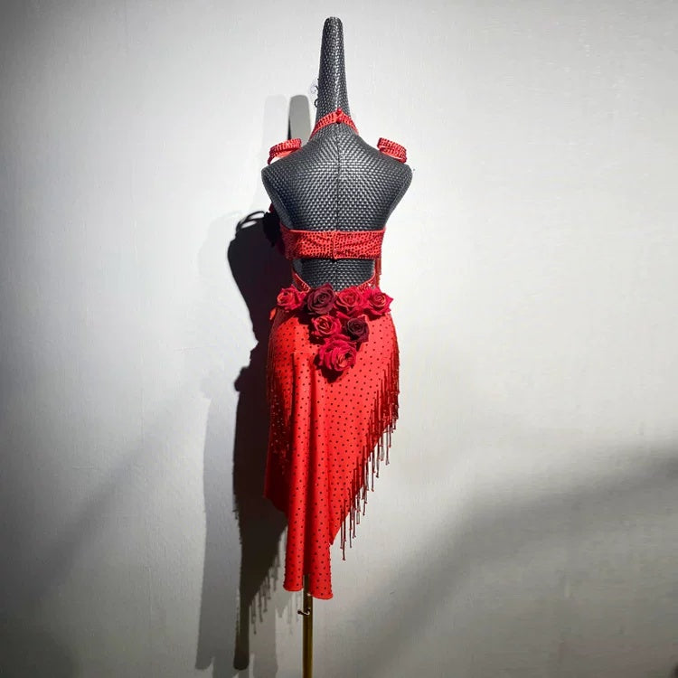 Custom Size Red Rose Competition Latin Dance Dress Crystal Salsa Chacha Latin Performance Costume