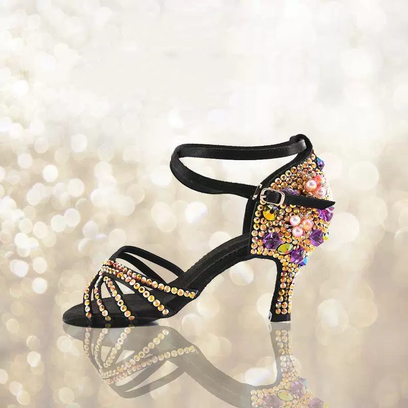 Women's Rhinestone Latin Dance Shoes | Low Heel Ballroom Salsa Sandals