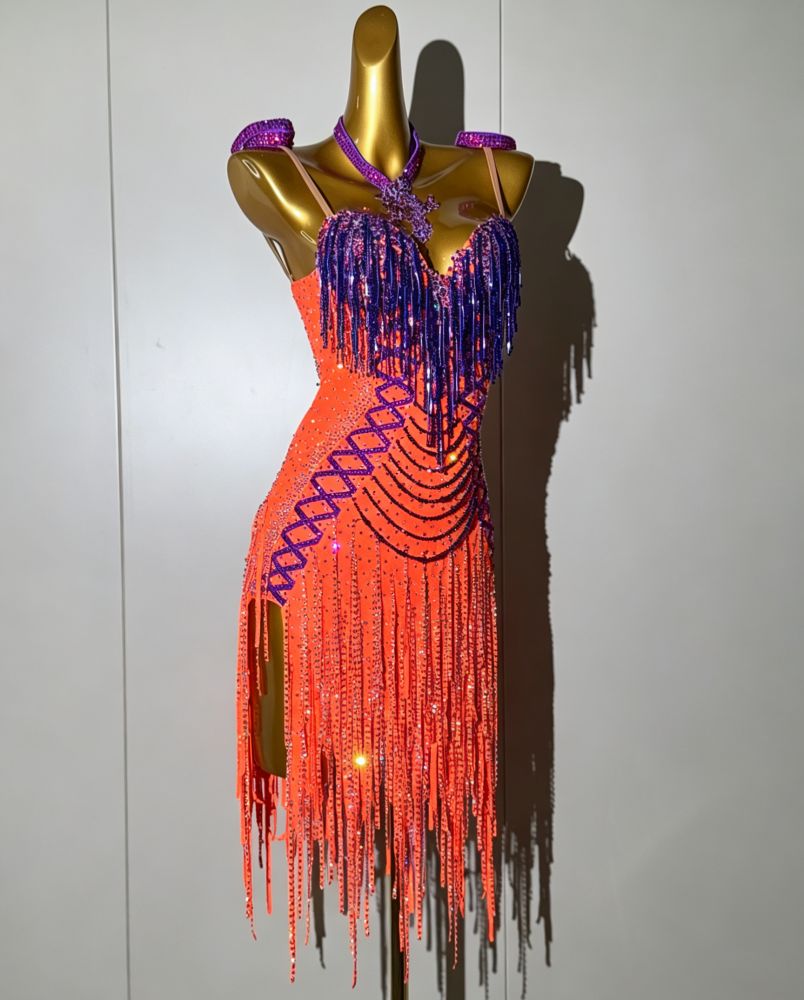 Custom Orange Competition Latin Dress with Purple Beaded Fringe & Criss-Cross Rhinestones