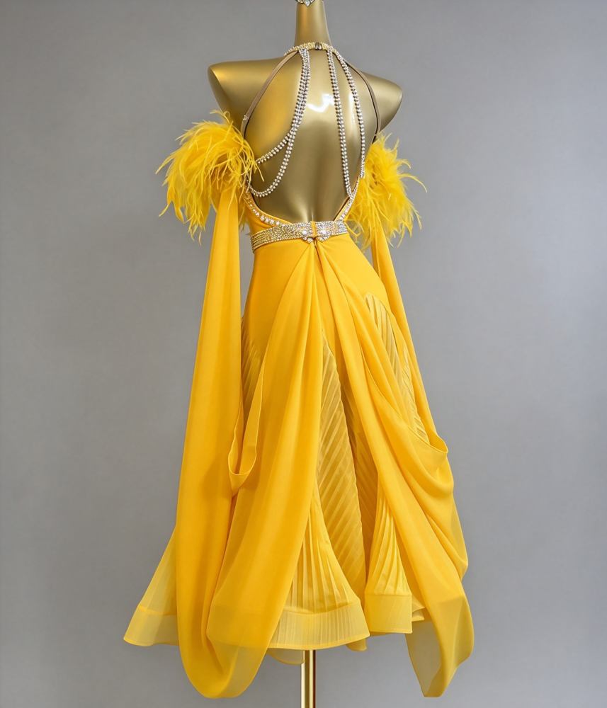 Custom Yellow Competition Ballroom Dance Dresses Waltz Tango Performance Costume