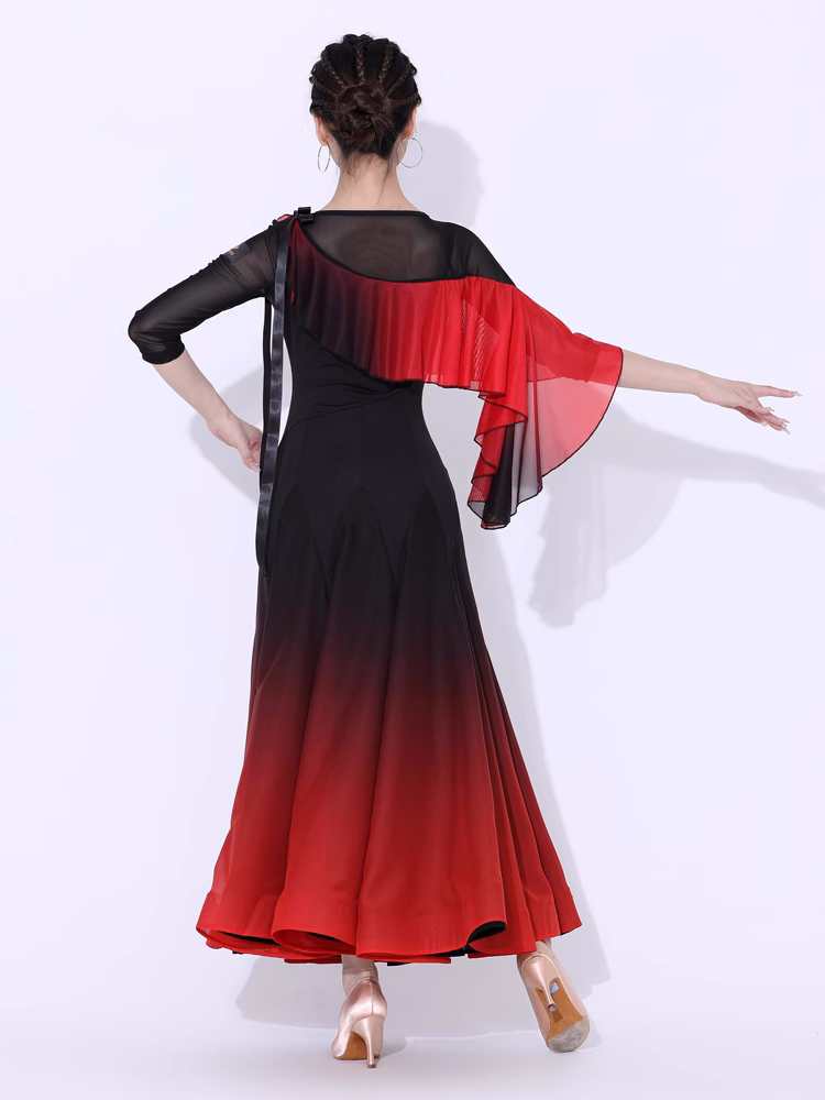 Black Red Gradient Modern Ballroom Dance Dresses for Women Girls Slant Neck Long Sleeves Professional Waltz Tango Foxtrot Competition Swing Skirt - Moderndancedress.com