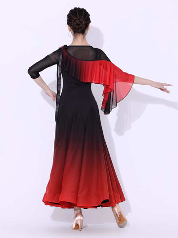 Black Red Gradient Modern Ballroom Dance Dresses for Women Girls Slant Neck Long Sleeves Professional Waltz Tango Foxtrot Competition Swing Skirt - Moderndancedress.com