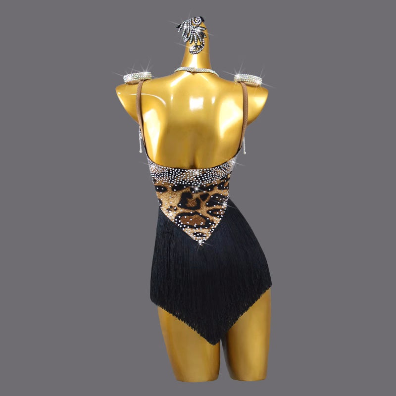 Leopard Fringe Latin Dance Competition Dresses for Women Girls Salsa Rumba Chacha Flower Black Pool Solo Dancing Bling Outfits - Moderndancedress.com