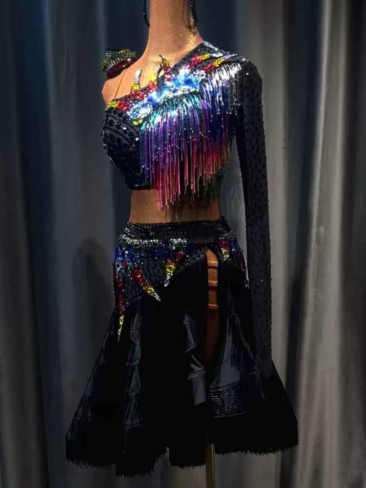 Custom Black Latin Dance Dress with Rainbow Fringe | One Shoulder Professional Ballroom Competition Outfit