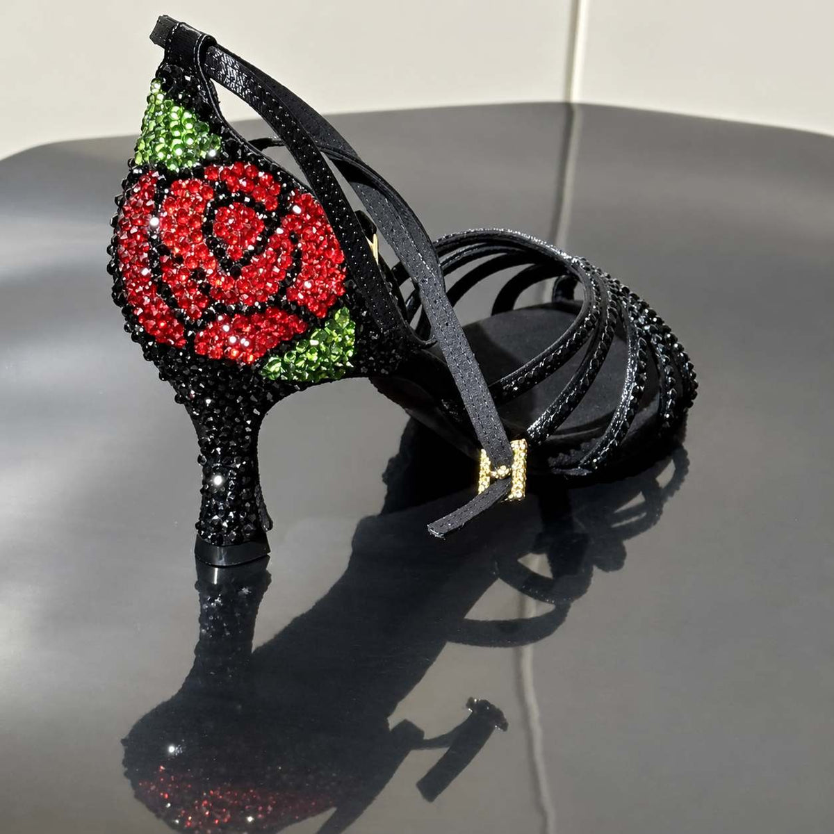 Black Latin Dance Shoes with Red Rose Rhinestone Heel Salsa Chacha Performance Sandal