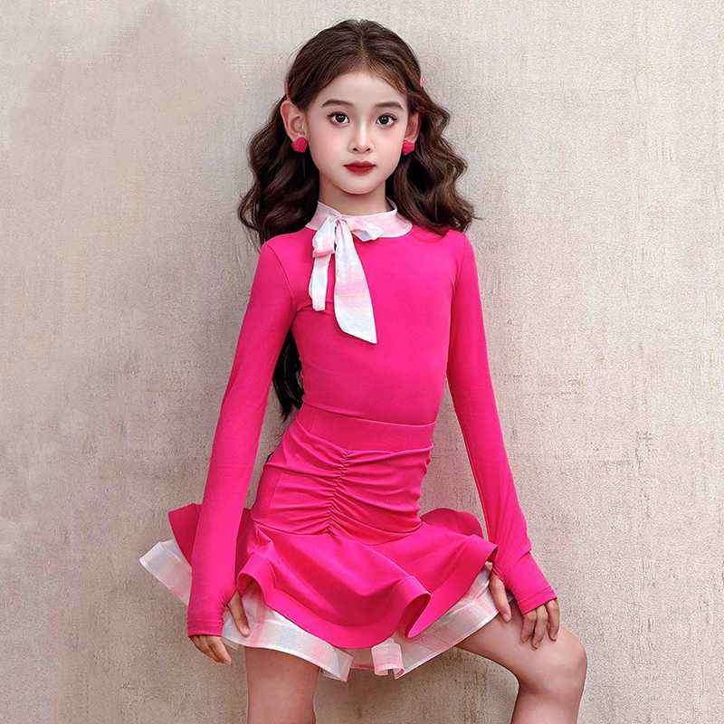 Girls Latin Dance Dresses Pink Salsa Rumba Chacha Performance Costumes Kids Training Performance Set