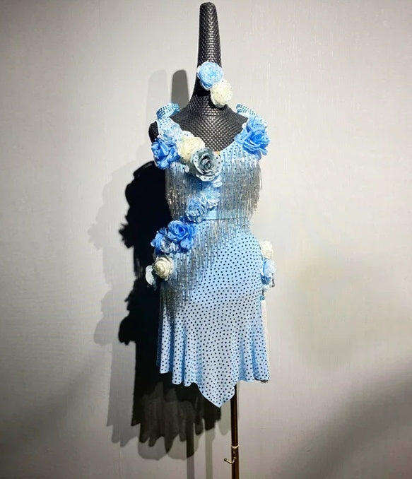 Custom Size Light Blue Latin Dance Dress with 3D Flowers Blackpool Competition Wear